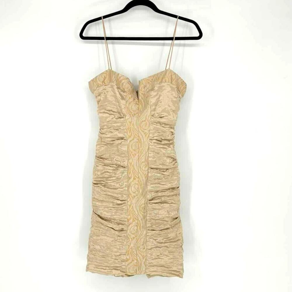 Vintage Nicole Miller Gold Ruched Bodycon Mini Cocktail Party Dress - Size 10